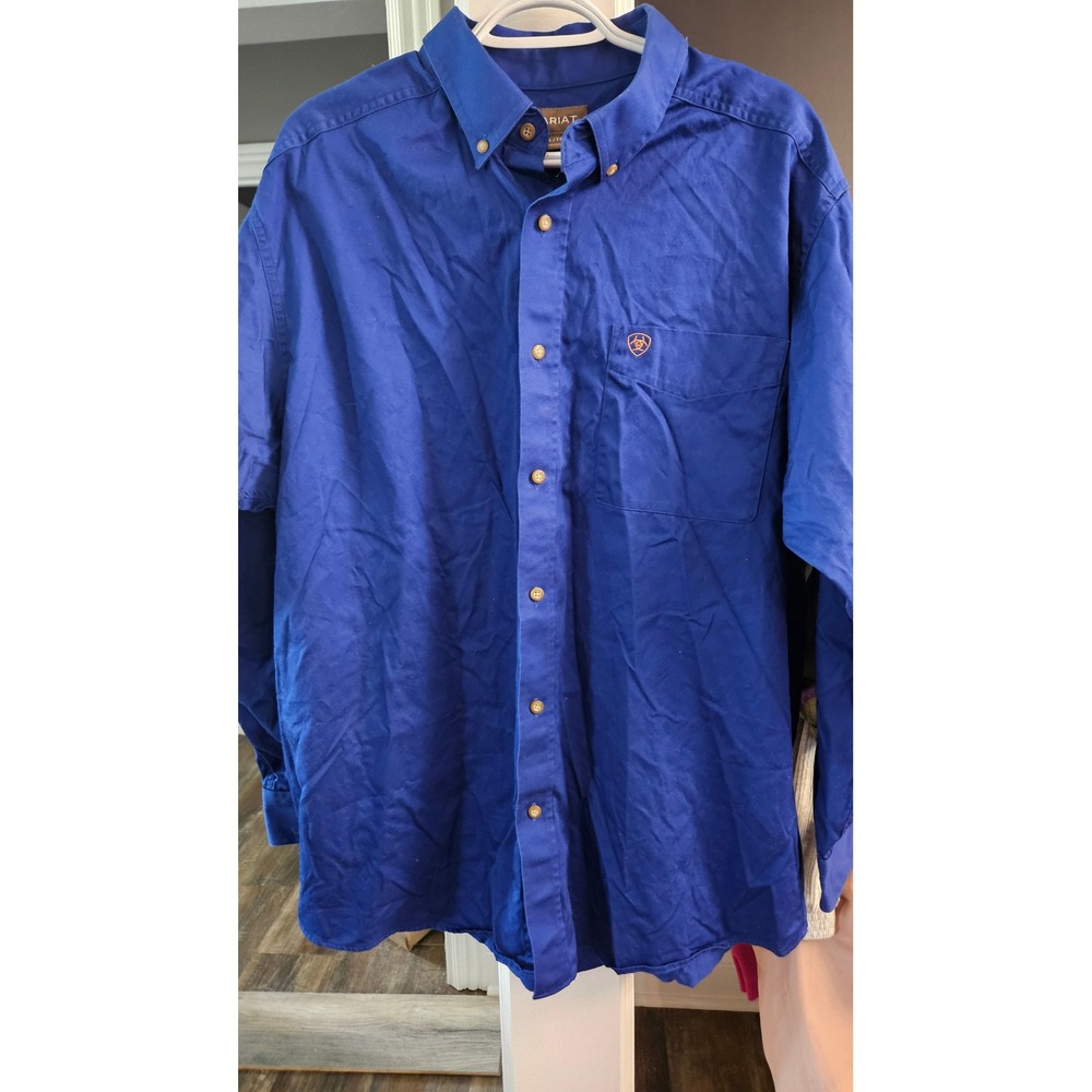 Ariat Mens XL Blue Long Sleeve Button Down Western Work Shirt Embroidered Logo